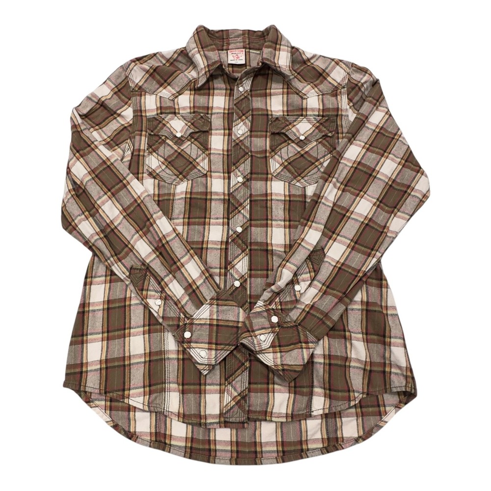 True Religion Pearl Snap Flannel Western Shirt Men's XXL Green Plaid Brushpopper